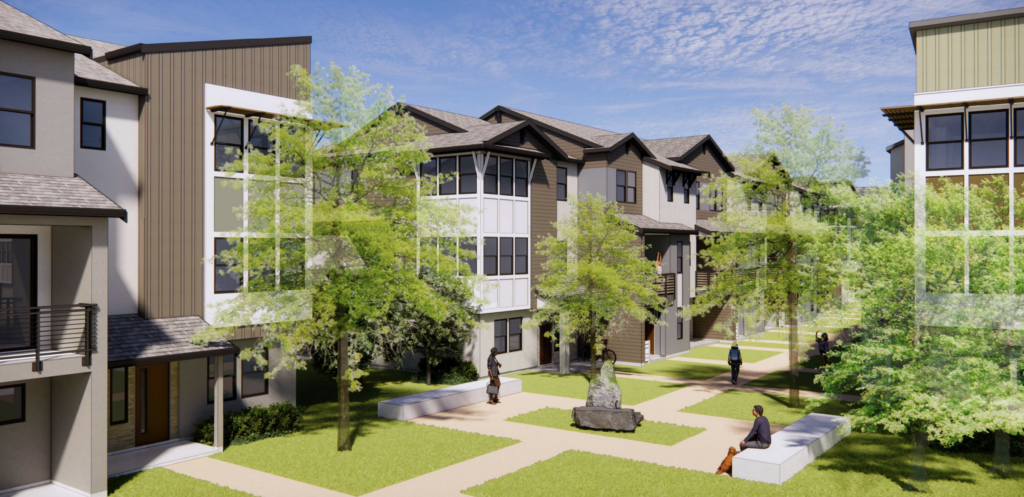 Bản kết xuất ảo của dự án nhà phố ba tầng được quy hoạch tại 14879 Oka Road ở Los Gatos. Bản kết xuất cho thấy không gian xanh giữa các nhà phố ba tầng.