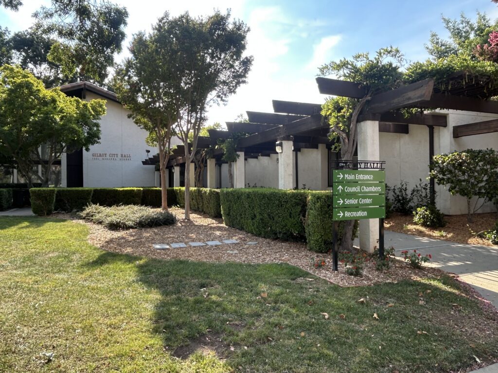 The exterior of city hall in Gilroy, California